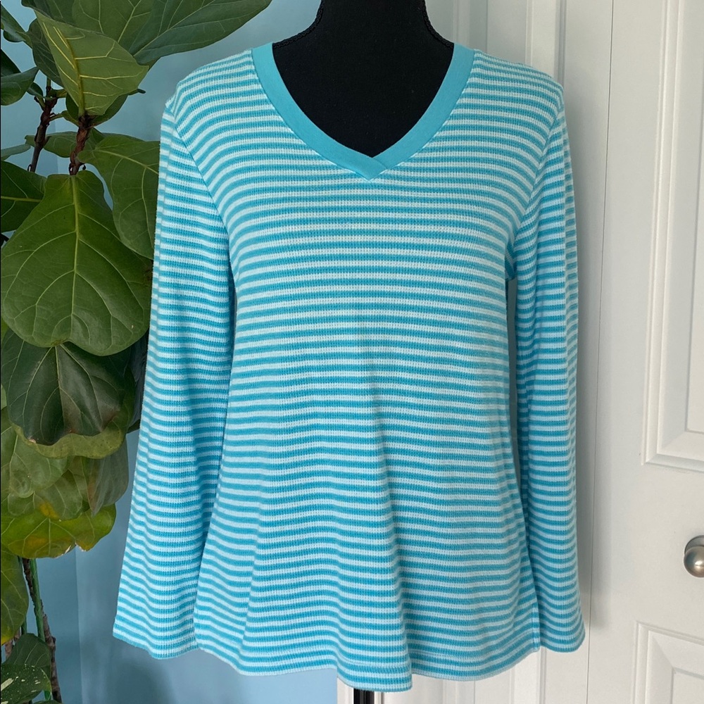 Oscar De La Renta Medium Blue Striped Long Sleeve Shirt